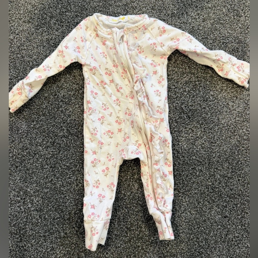Little and Fern frill zip romper - paisley peony